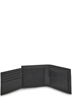 Structured trifold wallet with polished logo lettering