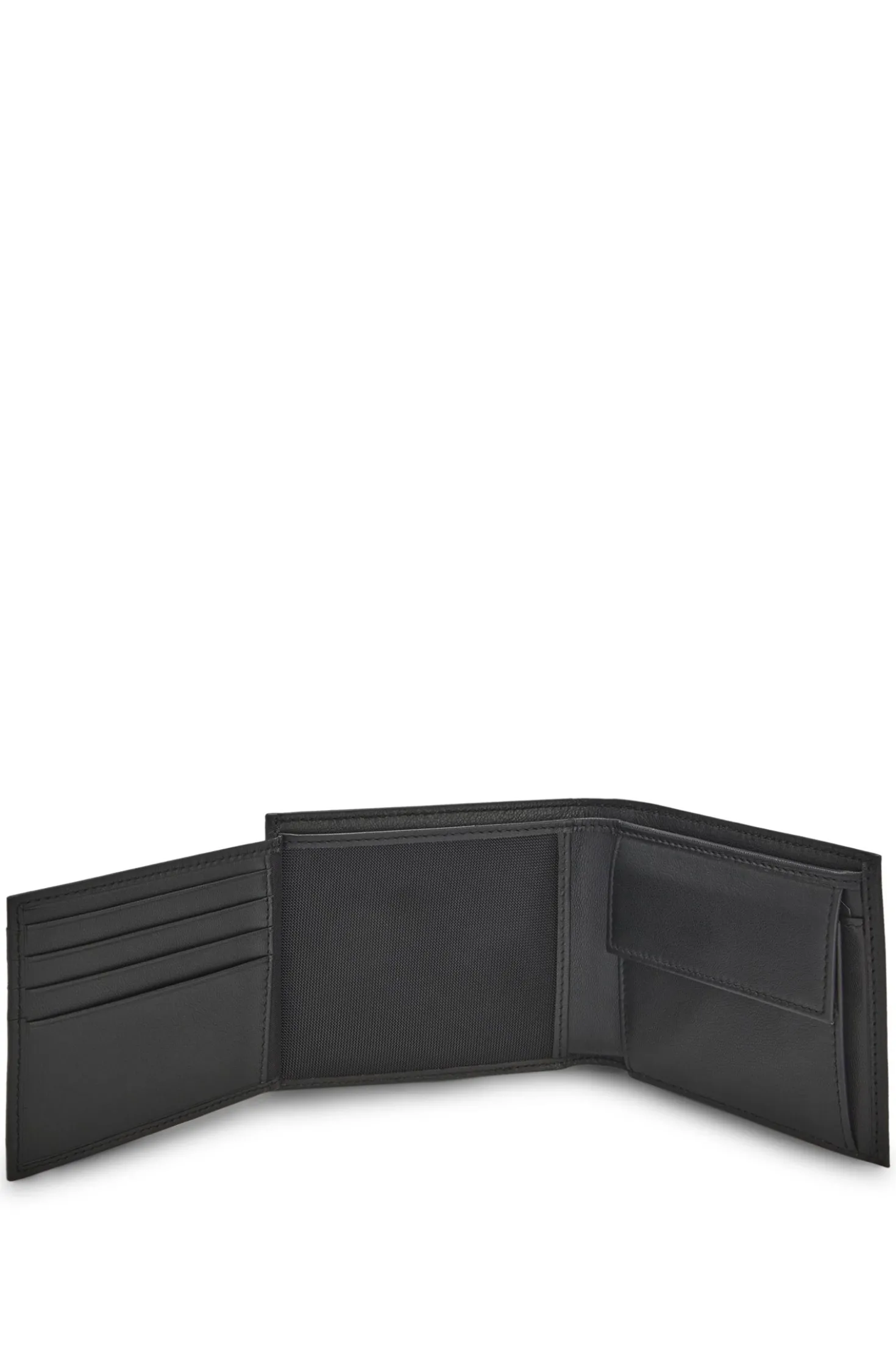 Structured trifold wallet with polished logo lettering