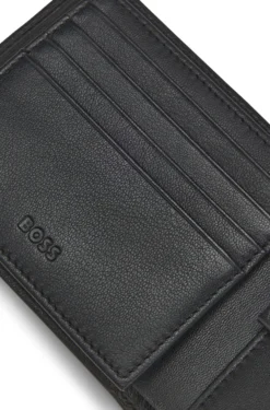 Structured trifold wallet with polished logo lettering