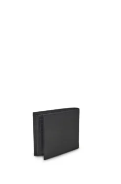 Structured trifold wallet with polished logo lettering