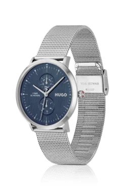 Style silver-tone watch with blue dial