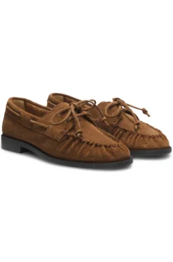 Suede moccasins with hand-stitched apron toe