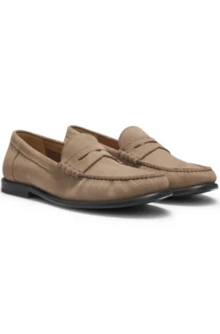 Suede moccasins with penny trim and embossed logo
