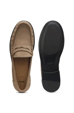 Suede moccasins with penny trim and embossed logo