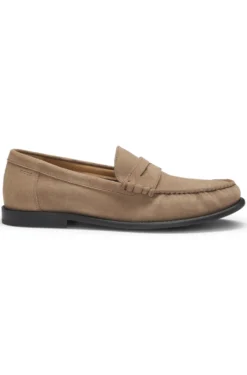 Suede moccasins with penny trim and embossed logo