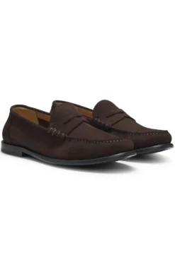 Suede moccasins with penny trim and embossed logo