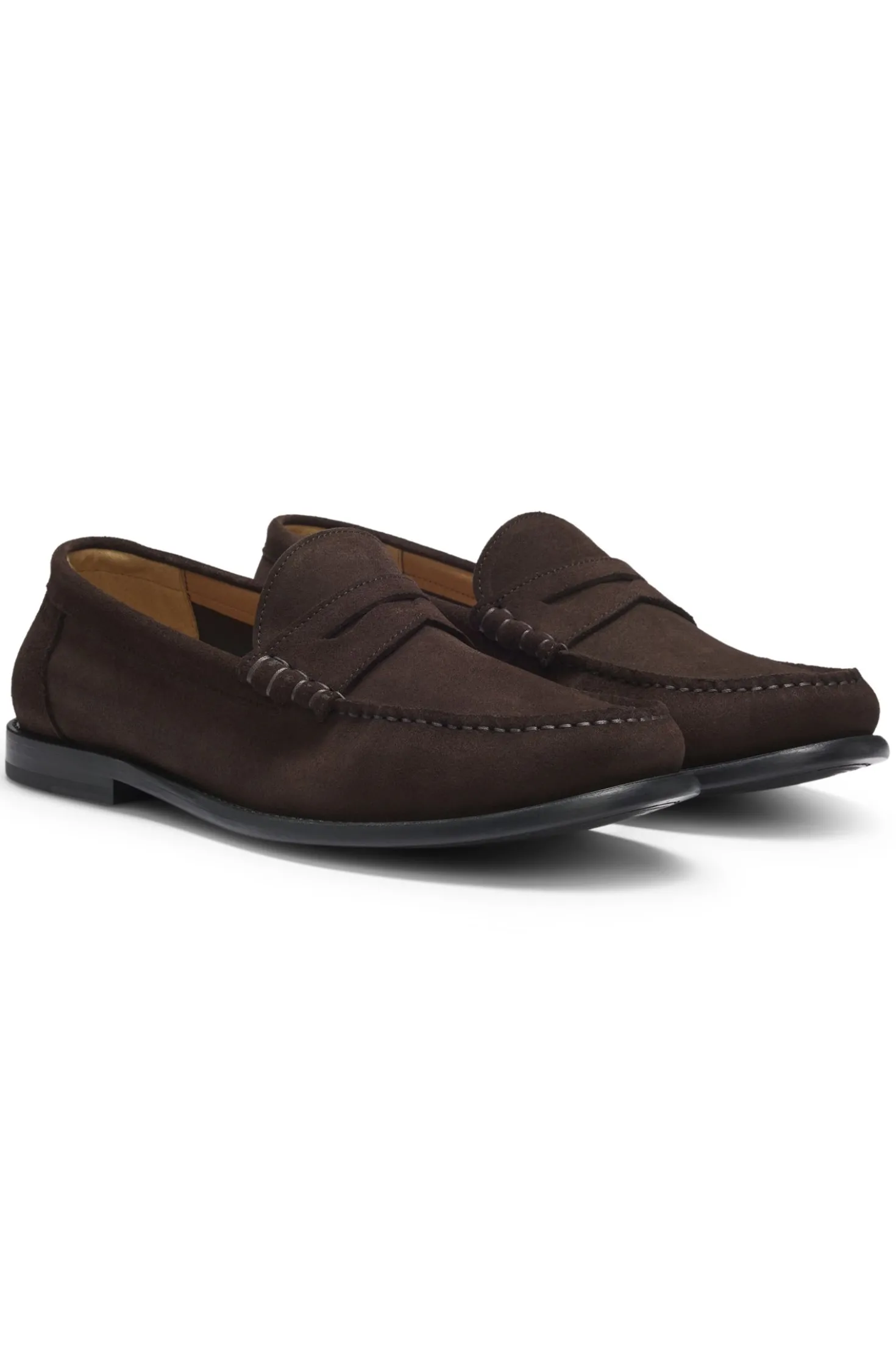 Suede moccasins with penny trim and embossed logo