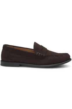 Suede moccasins with penny trim and embossed logo