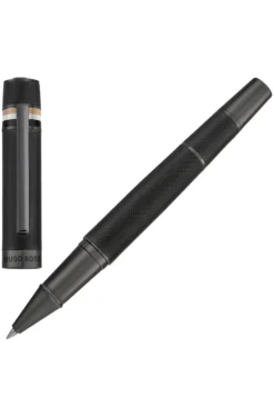 Textured-barrel ballpoint pen with signature-stripe ring