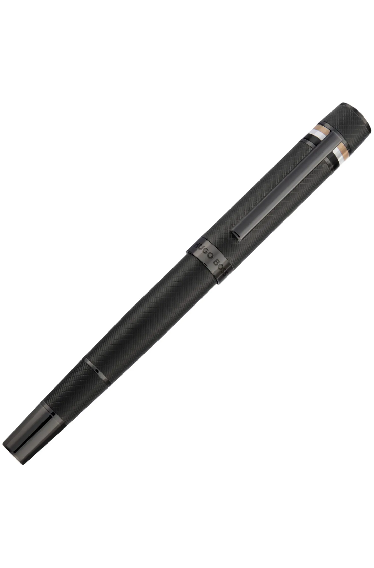 Textured-barrel ballpoint pen with signature-stripe ring