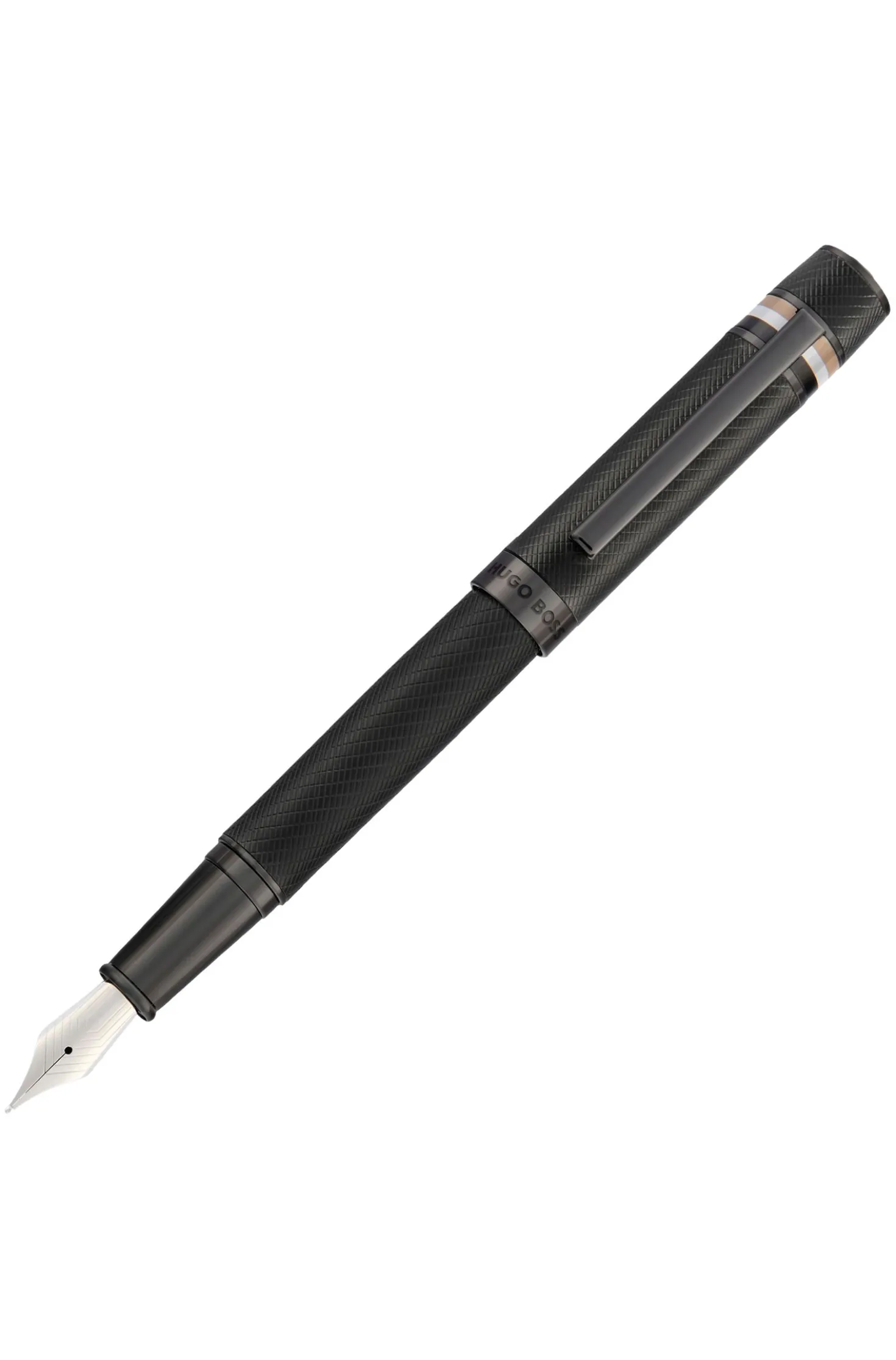 Textured-barrel fountain pen with signature-stripe ring