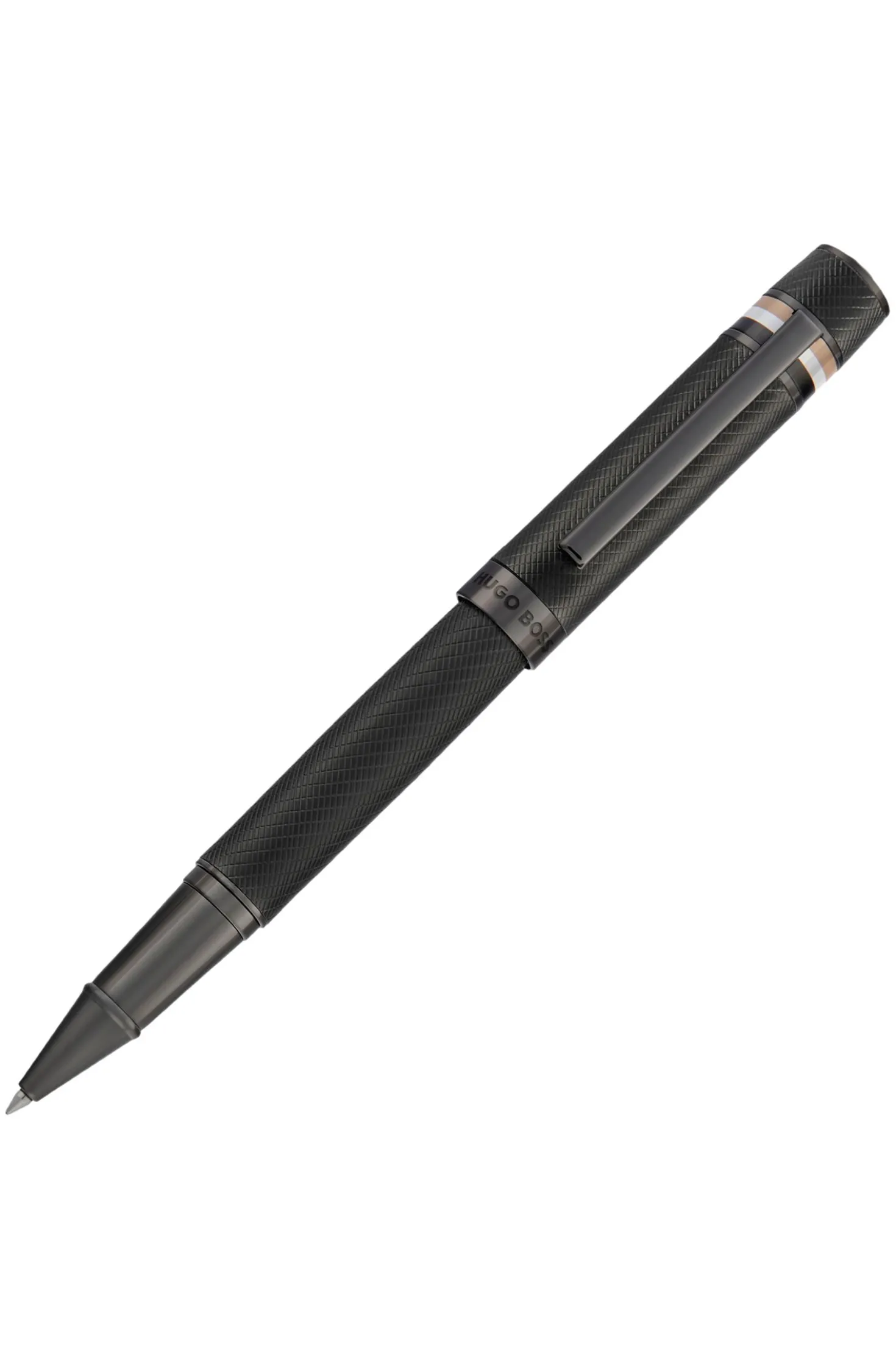 Textured-barrel rollerball pen with signature-stripe ring