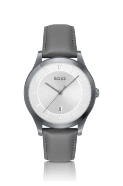 THREEHAND Grey-plated watch with leather strap