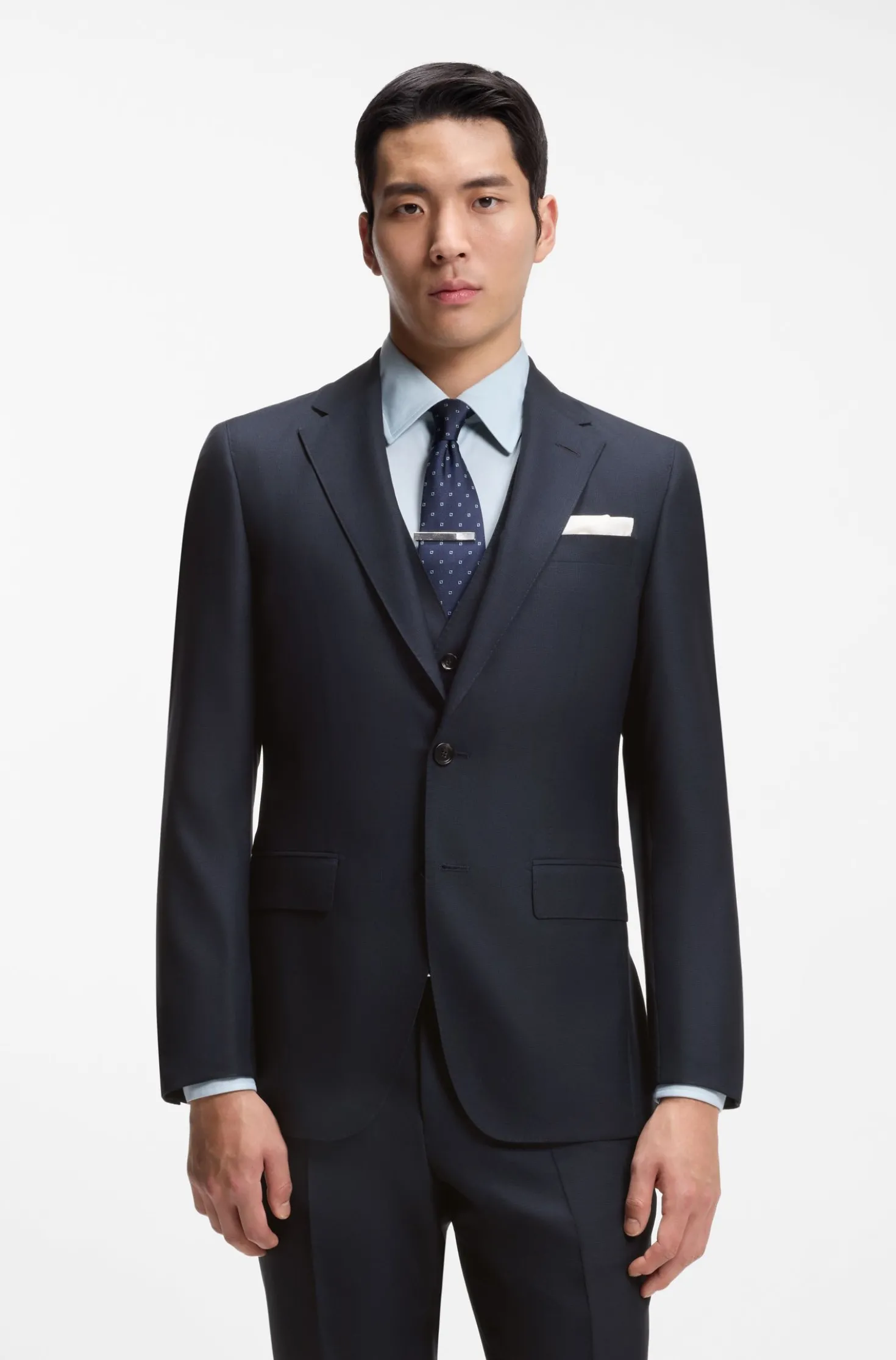 Three-piece slim-fit suit in virgin wool and silk
