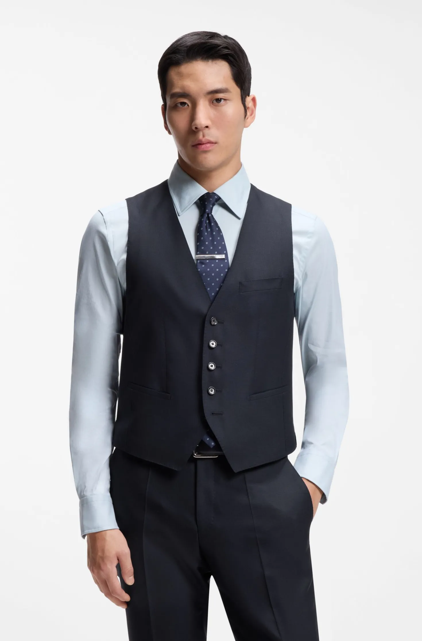 Three-piece slim-fit suit in virgin wool and silk