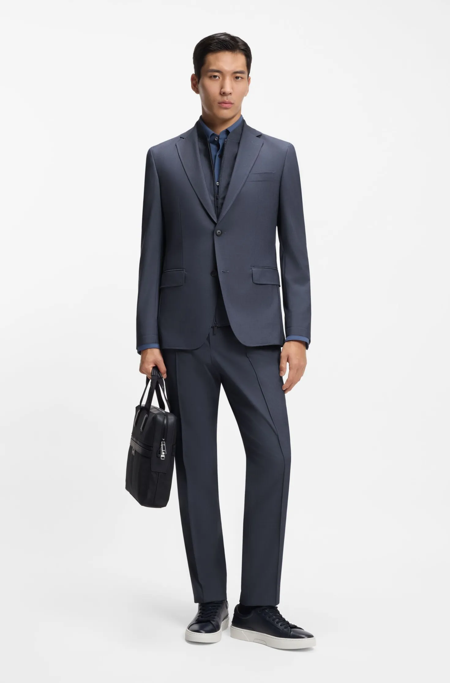Three-piece slim-fit suit with zip-up waistcoat