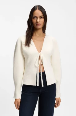 Tie-front rib-knit cardigan with balloon sleeves
