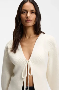 Tie-front rib-knit cardigan with balloon sleeves