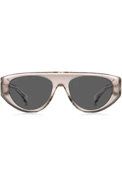 Translucent pink bio-acetate sunglasses with patterned rivets