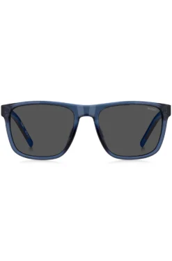 Transparent-blue sunglasses with patterned temples