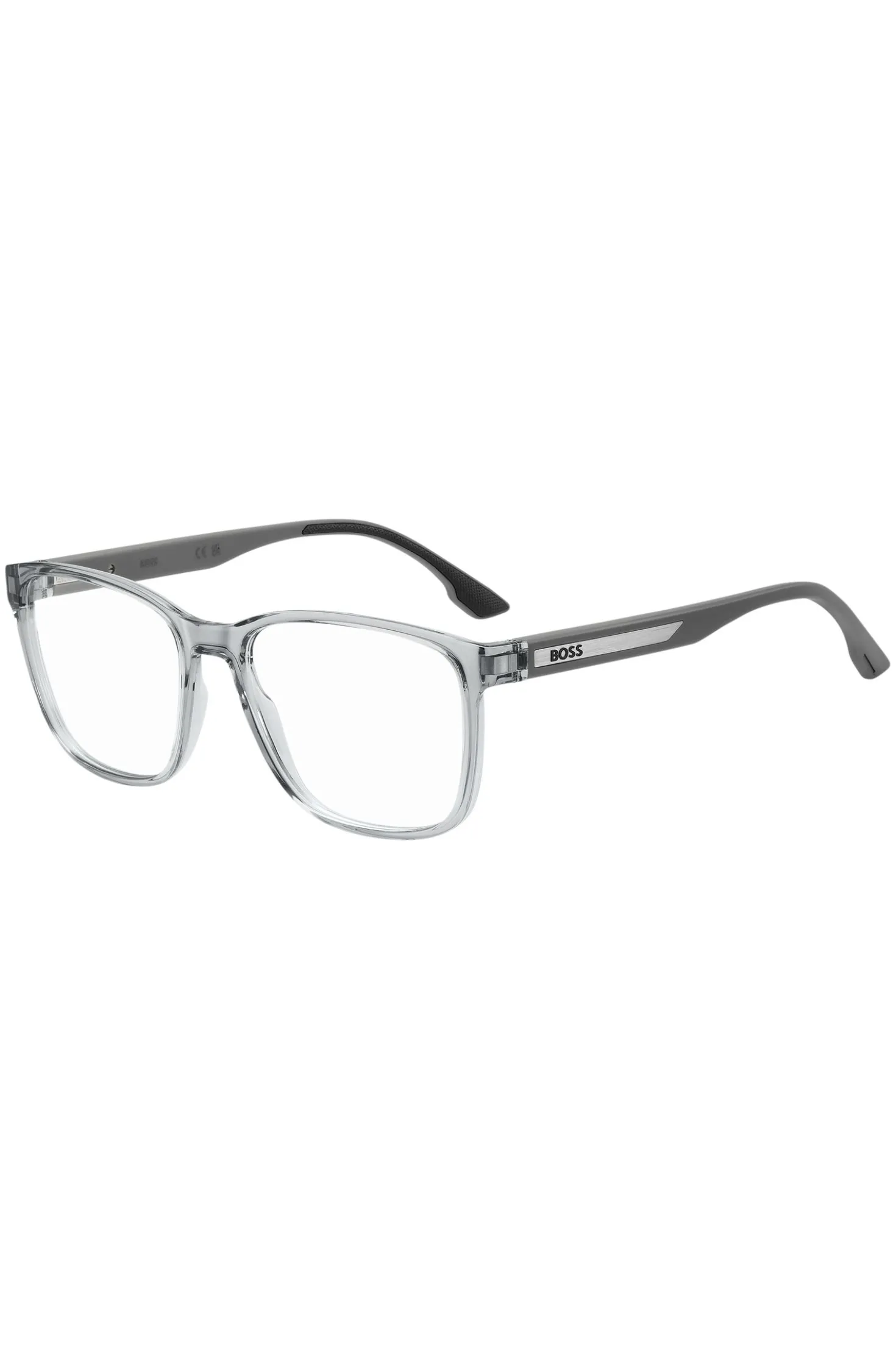 Transparent-grey optical frames with logo plaque