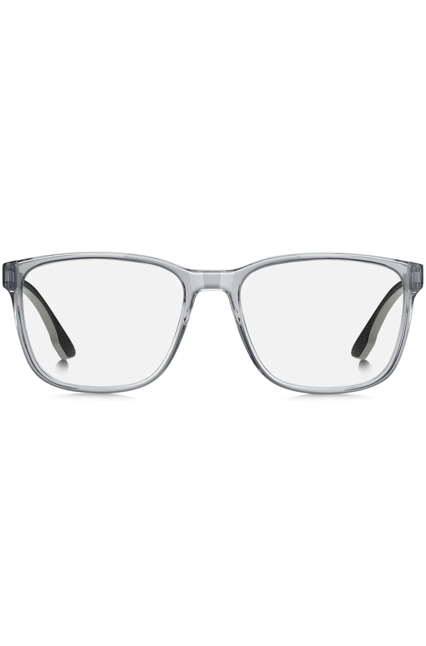 Transparent-grey optical frames with logo plaque