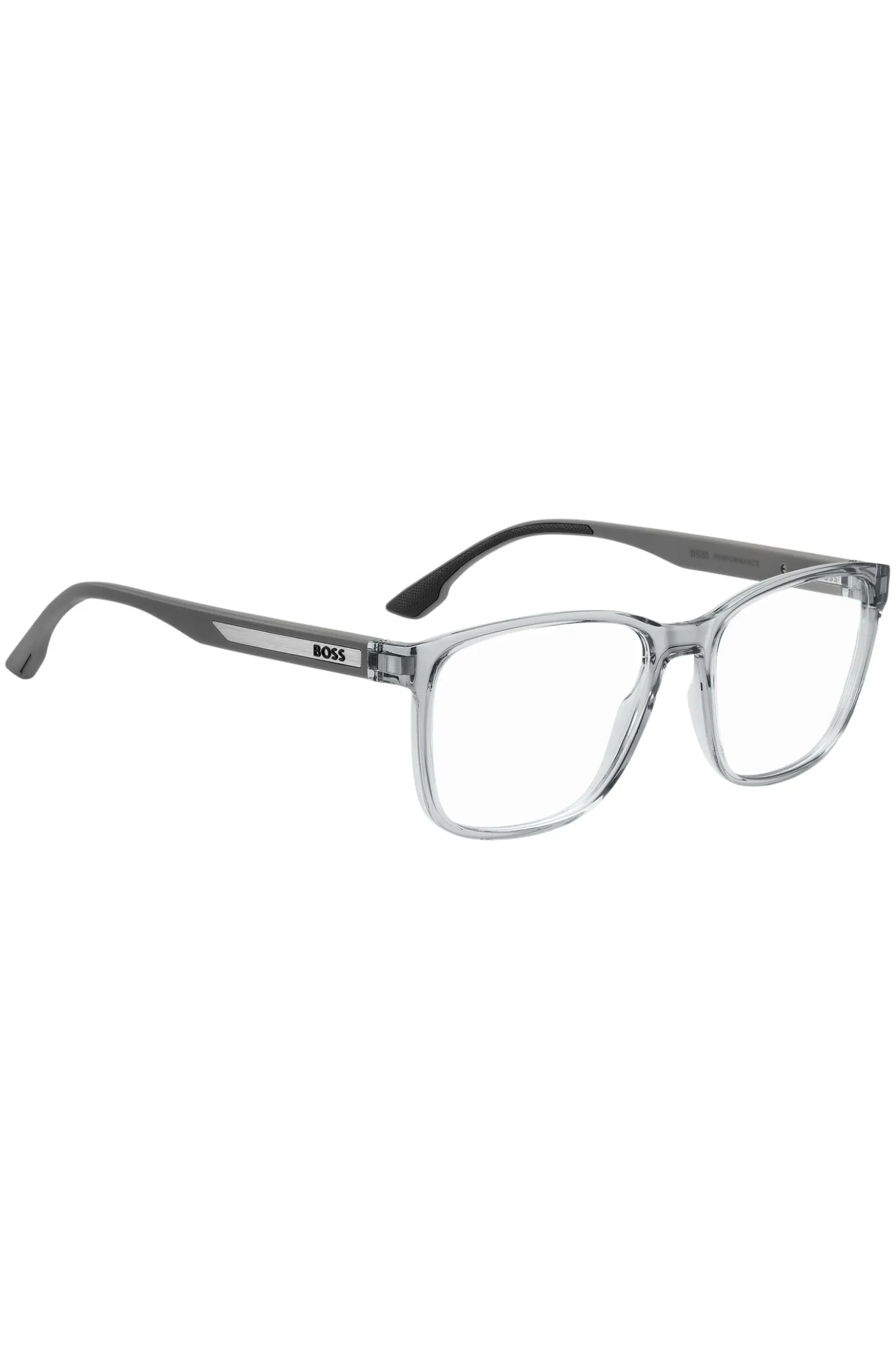 Transparent-grey optical frames with logo plaque