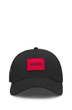 Twill trucker cap with red logo label