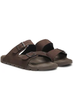 Twin-strap slides with branded buckles