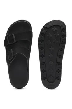 Twin-strap slides with branded buckles