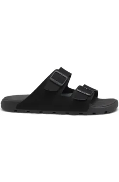 Twin-strap slides with branded buckles