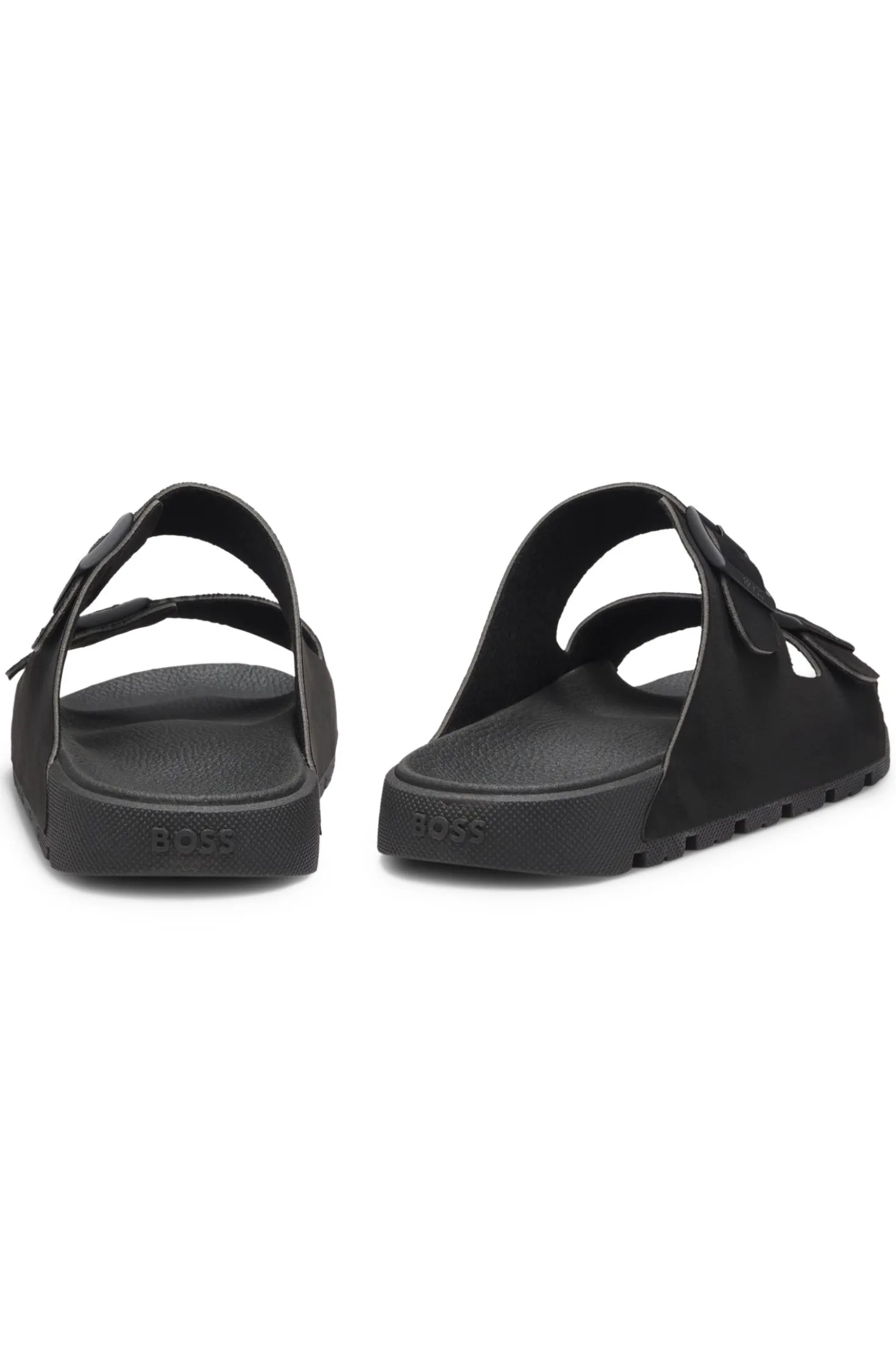 Twin-strap slides with branded buckles