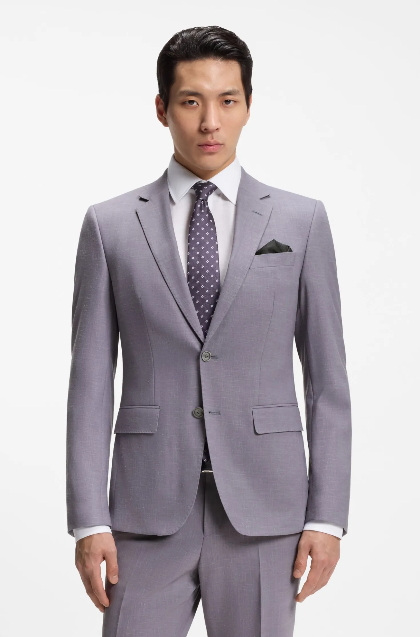 Two-piece slim-fit suit in micro-patterned fabric