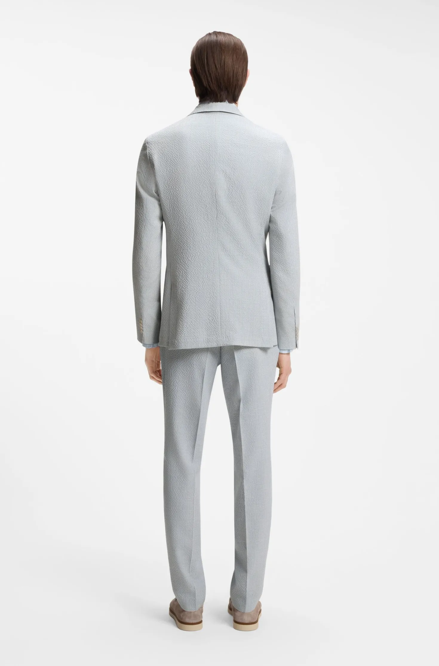 Two-piece slim-fit suit in stretch seersucker fabric