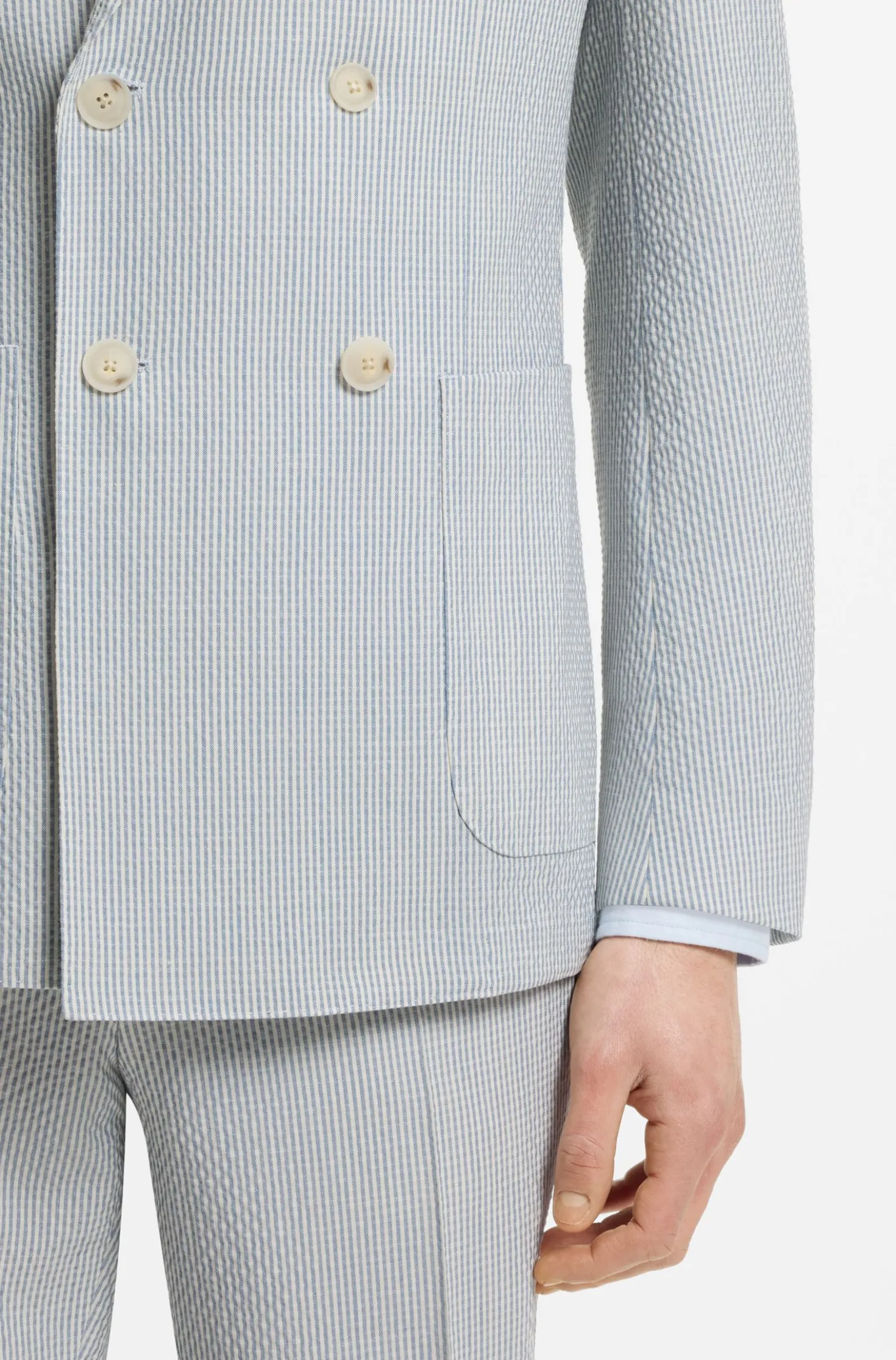 Two-piece slim-fit suit in stretch seersucker fabric