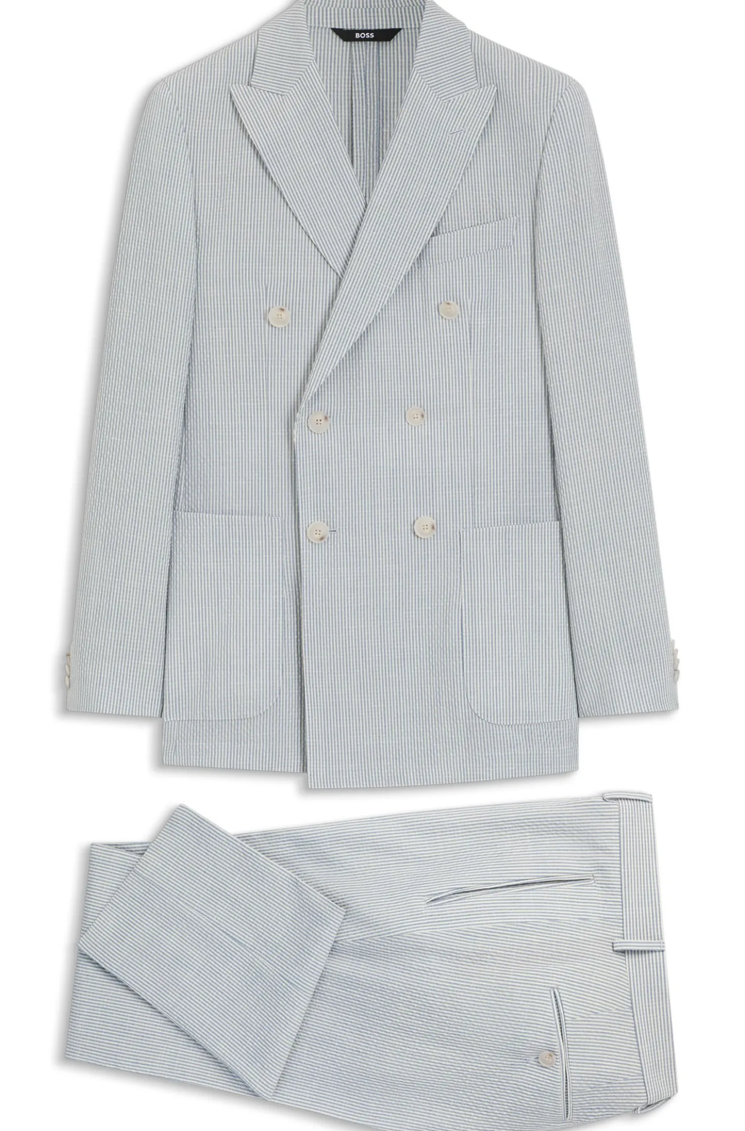 Two-piece slim-fit suit in stretch seersucker fabric