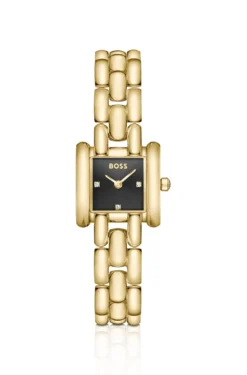 Violet square black-dial watch with sculptural bracelet
