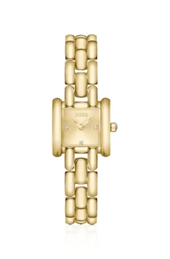 Violet square gold-tone watch with sculptural bracelet