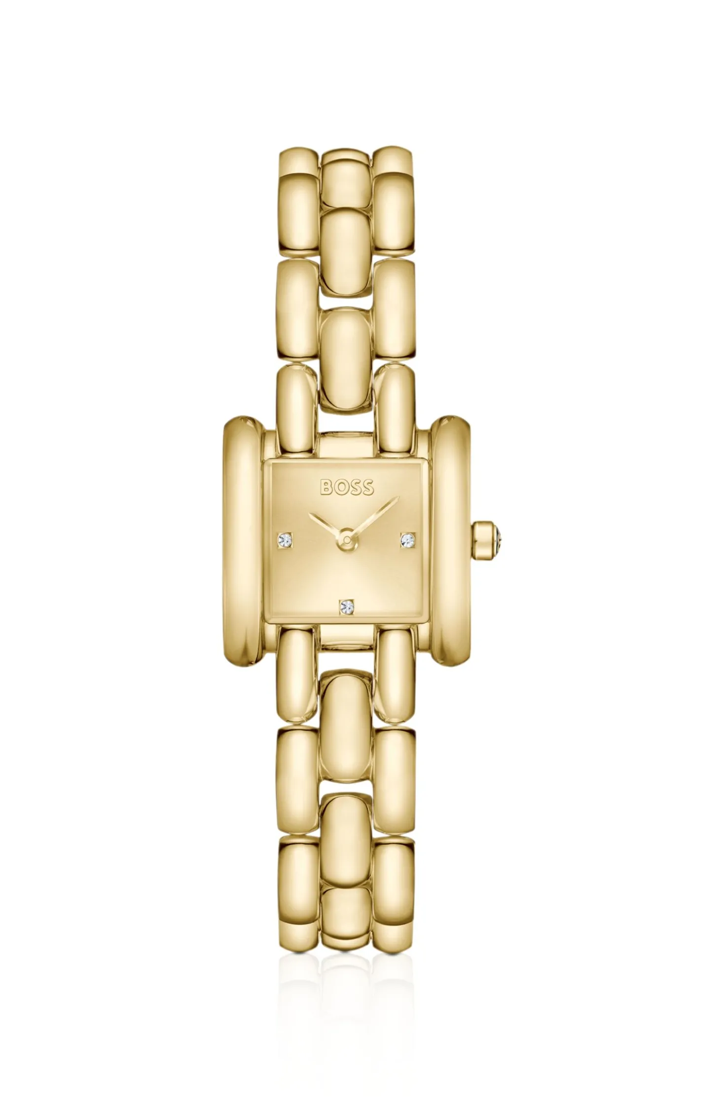 Violet square gold-tone watch with sculptural bracelet