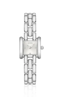 Violet square stainless-steel watch with sculptural bracelet