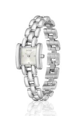 Violet square stainless-steel watch with sculptural bracelet