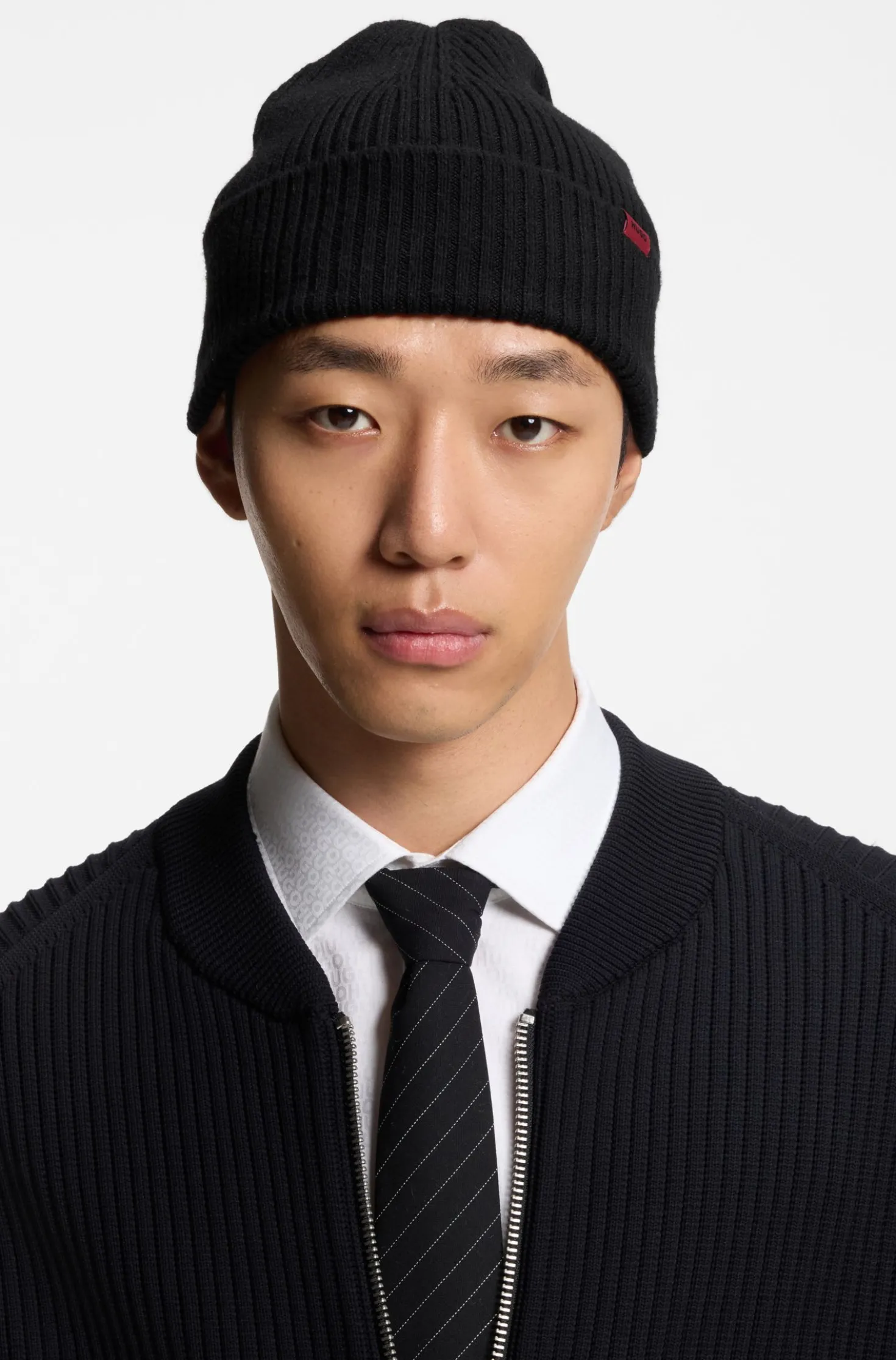 Virgin-wool beanie hat with logo label
