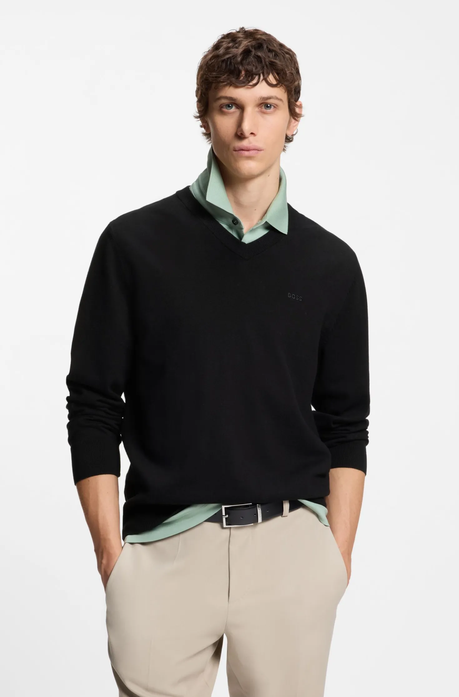 V-neck sweater in cotton with logo embroidery