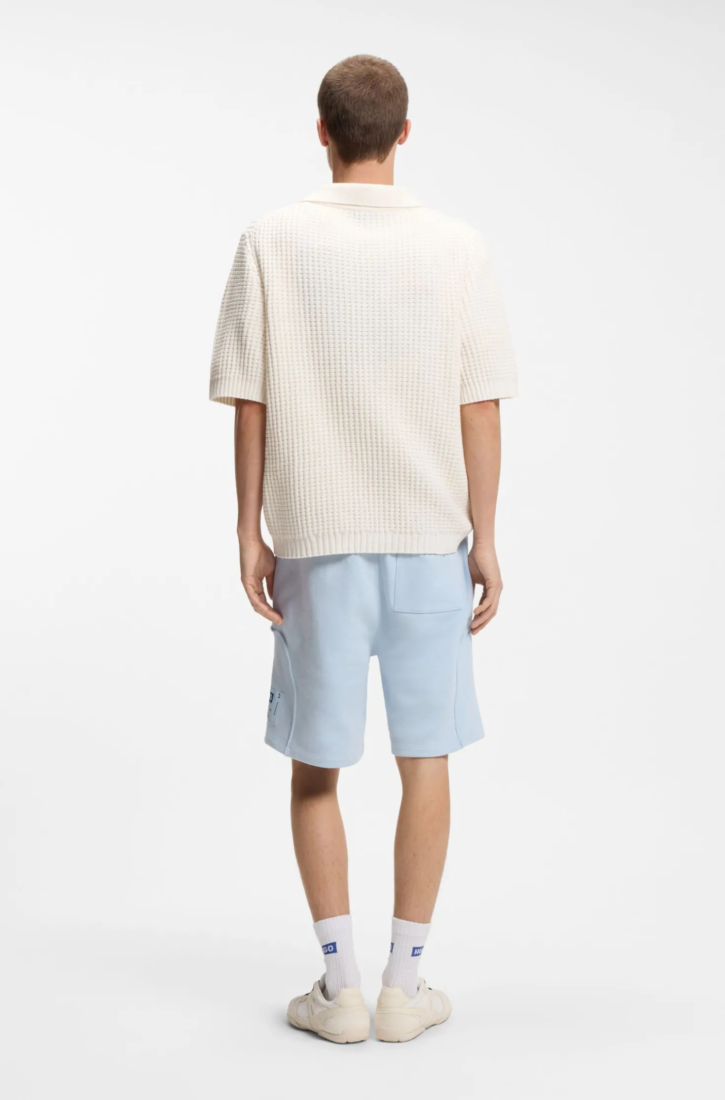 Waffle-structure knit polo with Johnny collar