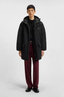 Water-repellent hooded puffer coat with split logo