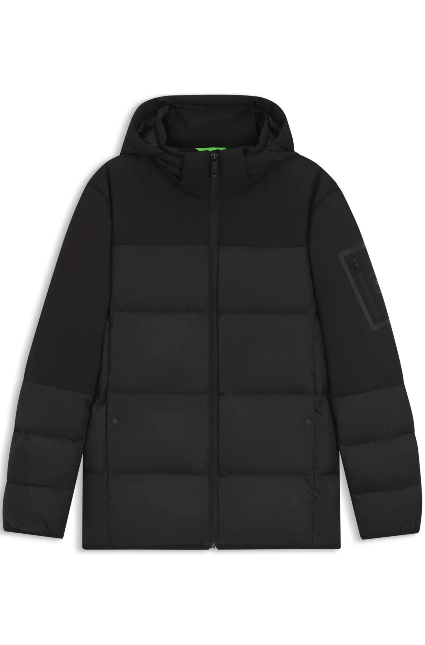 Water-repellent jacket with down filling and detachable hood