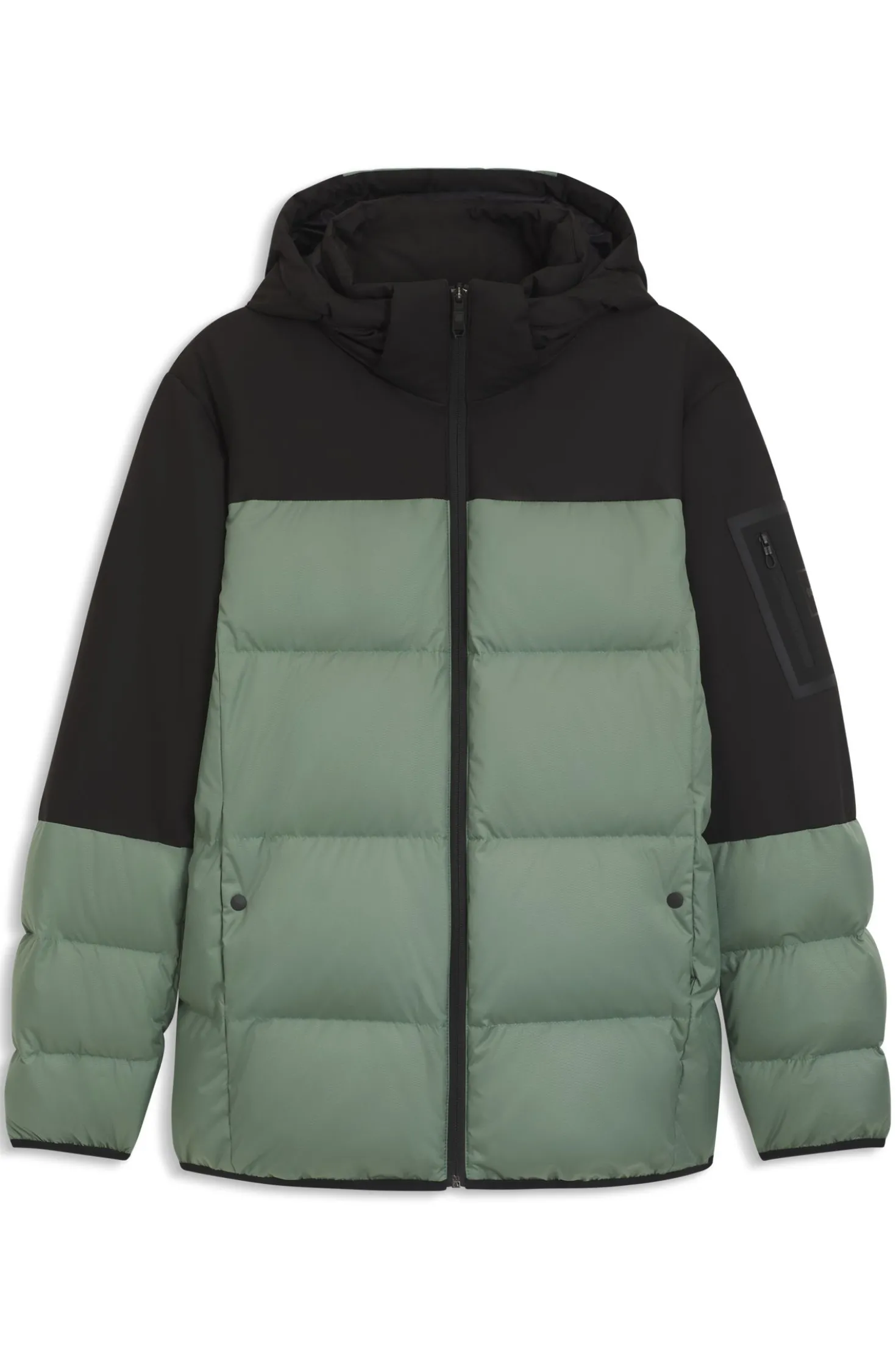 Water-repellent jacket with down filling and detachable hood
