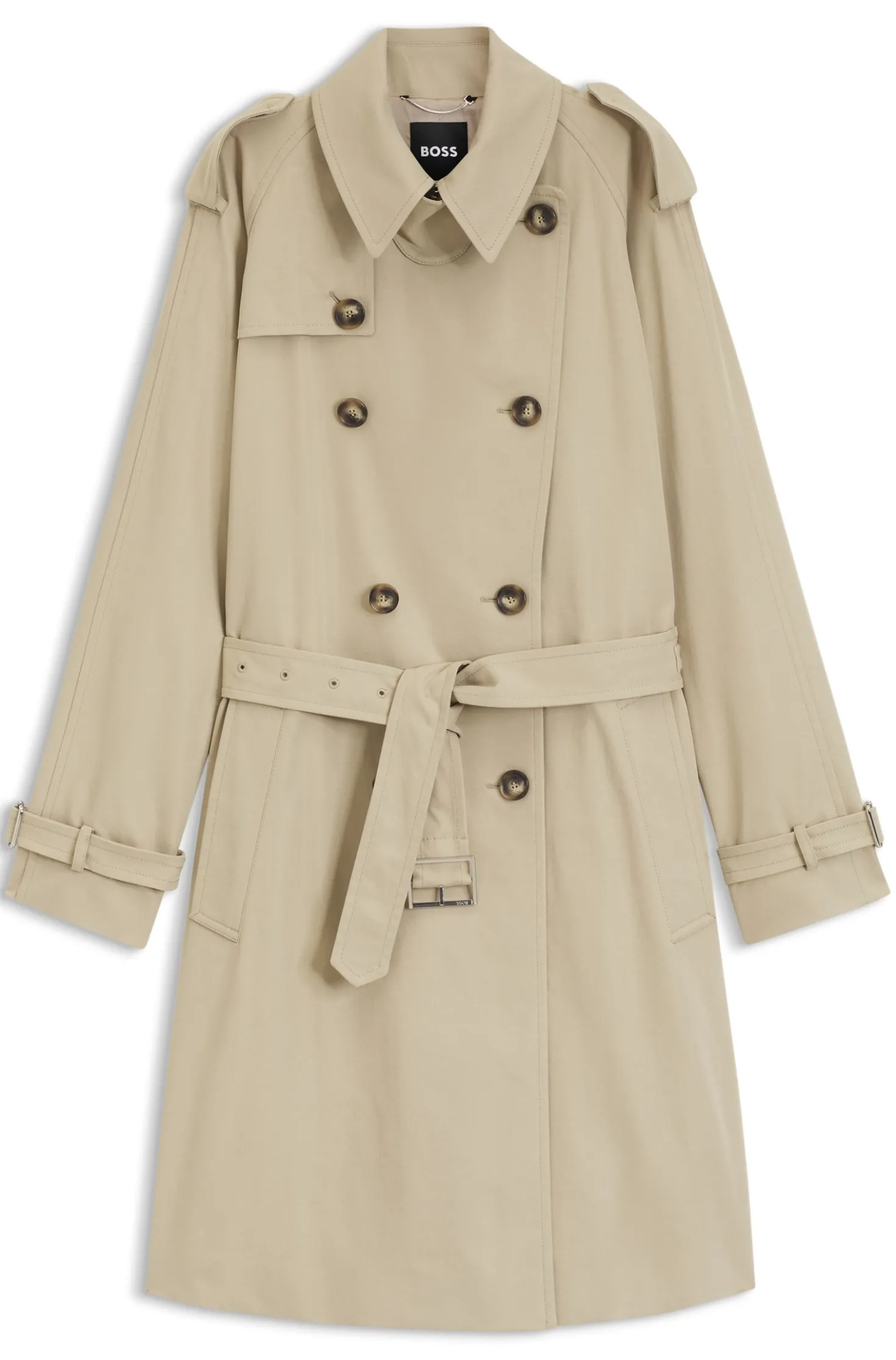 Water-repellent trench coat with buckled belt