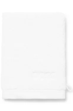 White cotton wash mitt with embroidered logo