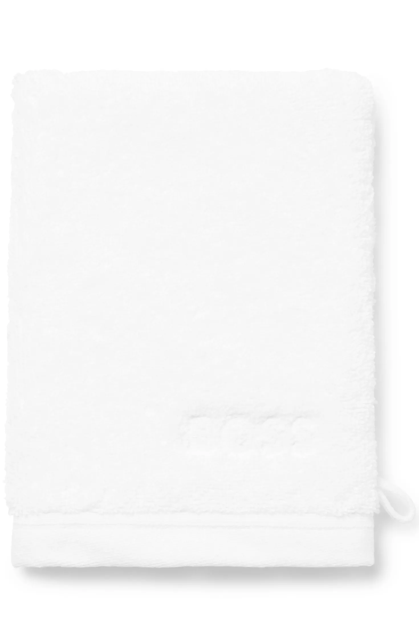 White cotton wash mitt with embroidered logo